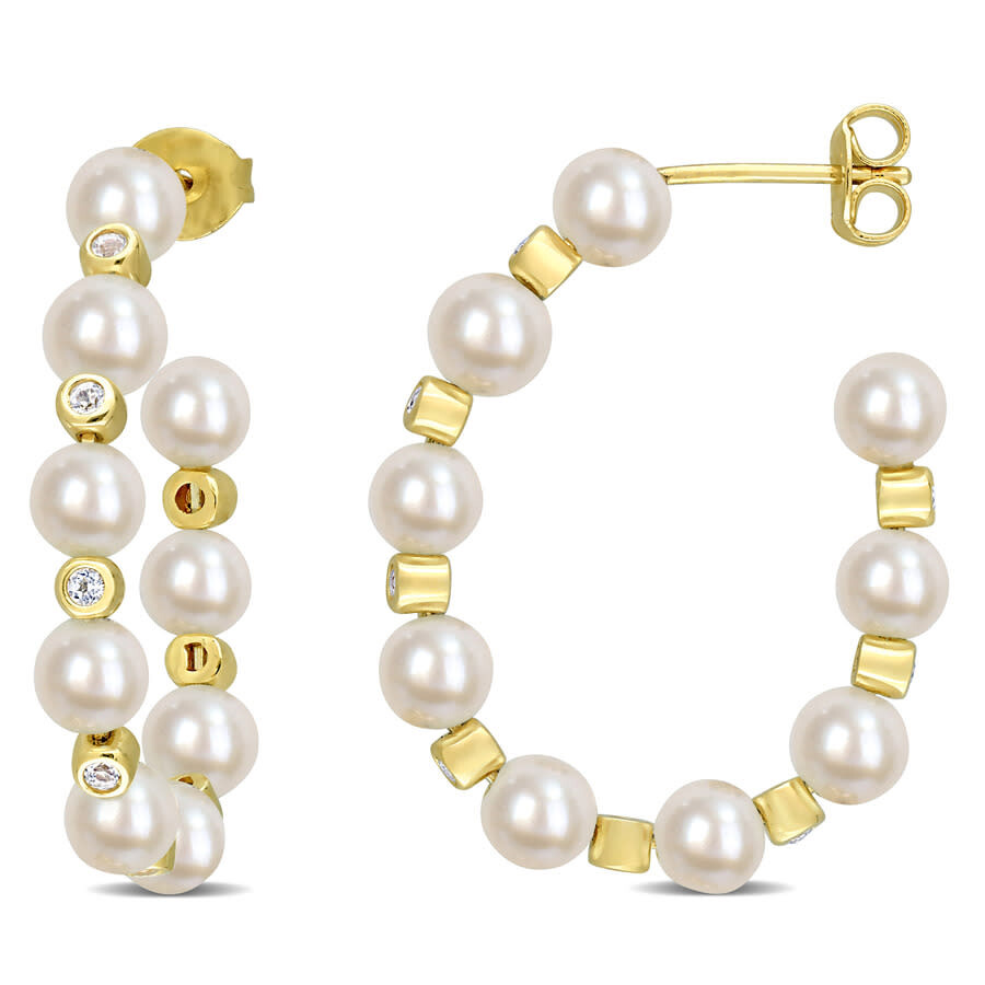 Shop Amour 4.5-5mm Freshwater Cultured Pearl And 1/2 Ct Tgw White Topaz Beaded Hoop Earrings In Yellow Pl