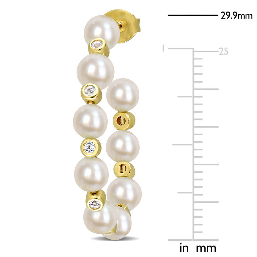 Shop Amour 4.5-5mm Freshwater Cultured Pearl And 1/2 Ct Tgw White Topaz Beaded Hoop Earrings In Yellow Pl