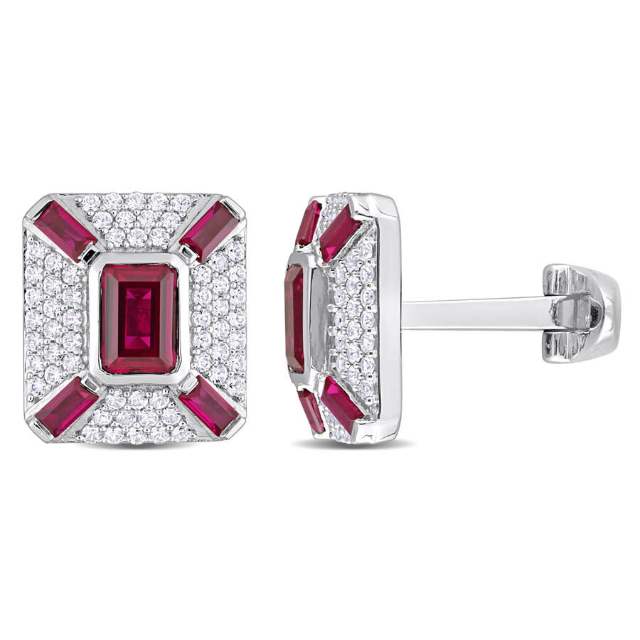 Shop Amour 5-1/4ct Tgw Octagon And Baguette-cut Created Ruby And Created White Sapphire Cufflinks In Ster