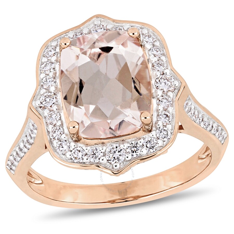 Amour Cushion-cut Morganite And 5/8 Ct Tw Diamond Halo Engagement Ring In 14k Rose Gold In Rose Gold-tone