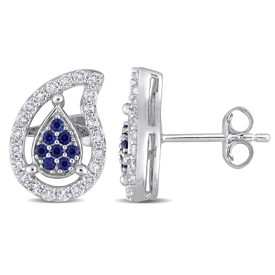 Shop Amour 5/8 Ct Tgw Created Blue Sapphire And White Topaz Teardrop Earrings In Sterling Silver