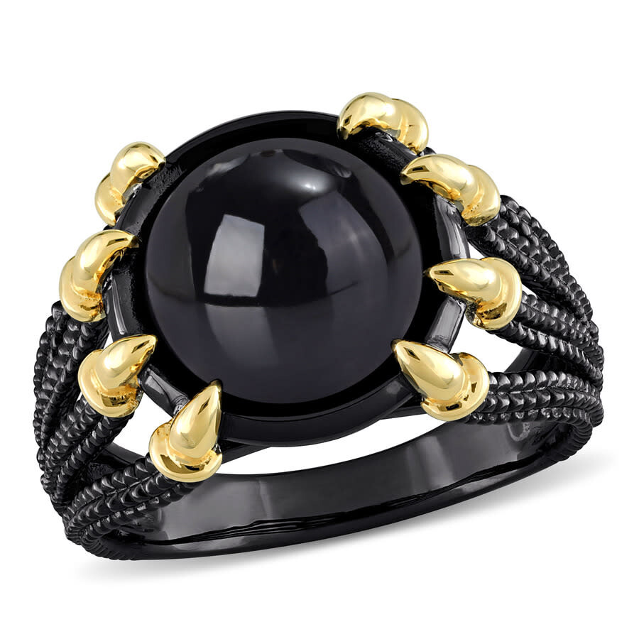 Shop Amour 6 Ct Tgw Black Agate Fashion Ring Yellow Silver Black Rhodium Plated In Two Tone