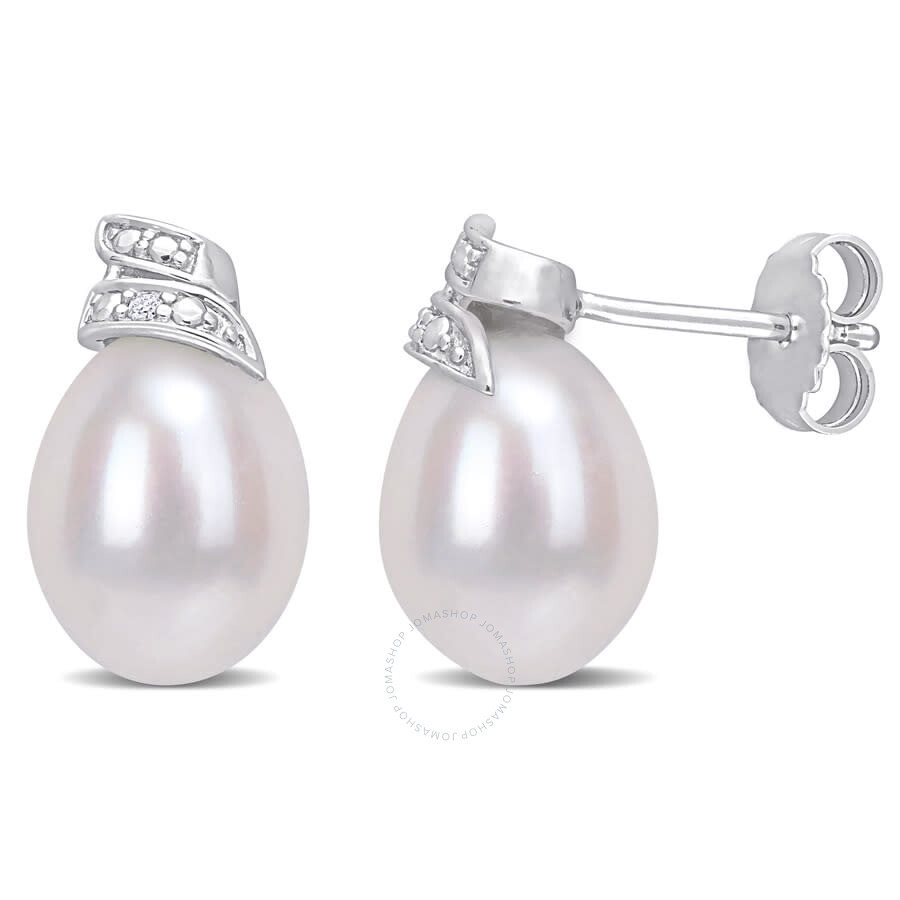 Shop Amour 6.5-7mm Freshwater Cultured Pearl And Diamond Accent Swirl Stud Earrings In Sterling Silver In White