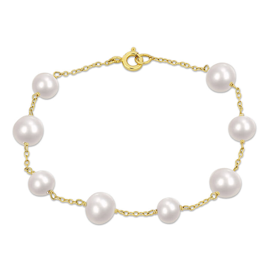 6.5-8.5 Mm Cultured Freshwater Pearl Station Bracelet In Yellow Plated Sterling Silver