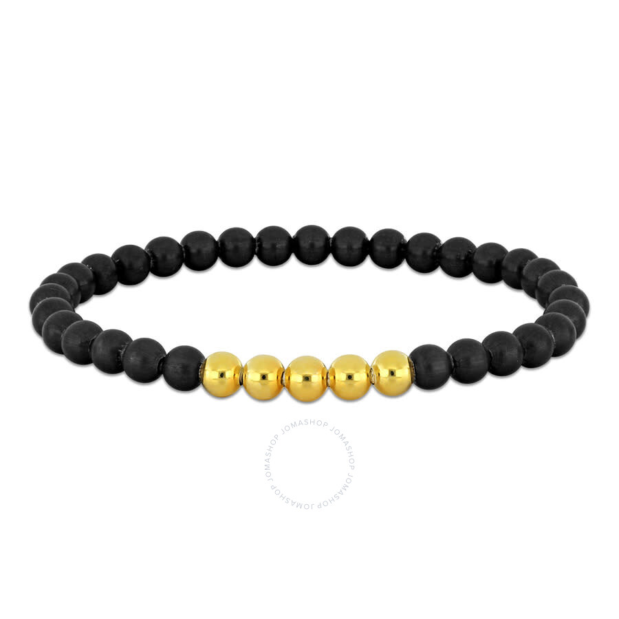 Amour 6mm Black Titanium Spring Bead Elastic Yellow Plated Sterling Silver Bracelet - 9 In In Yellow
