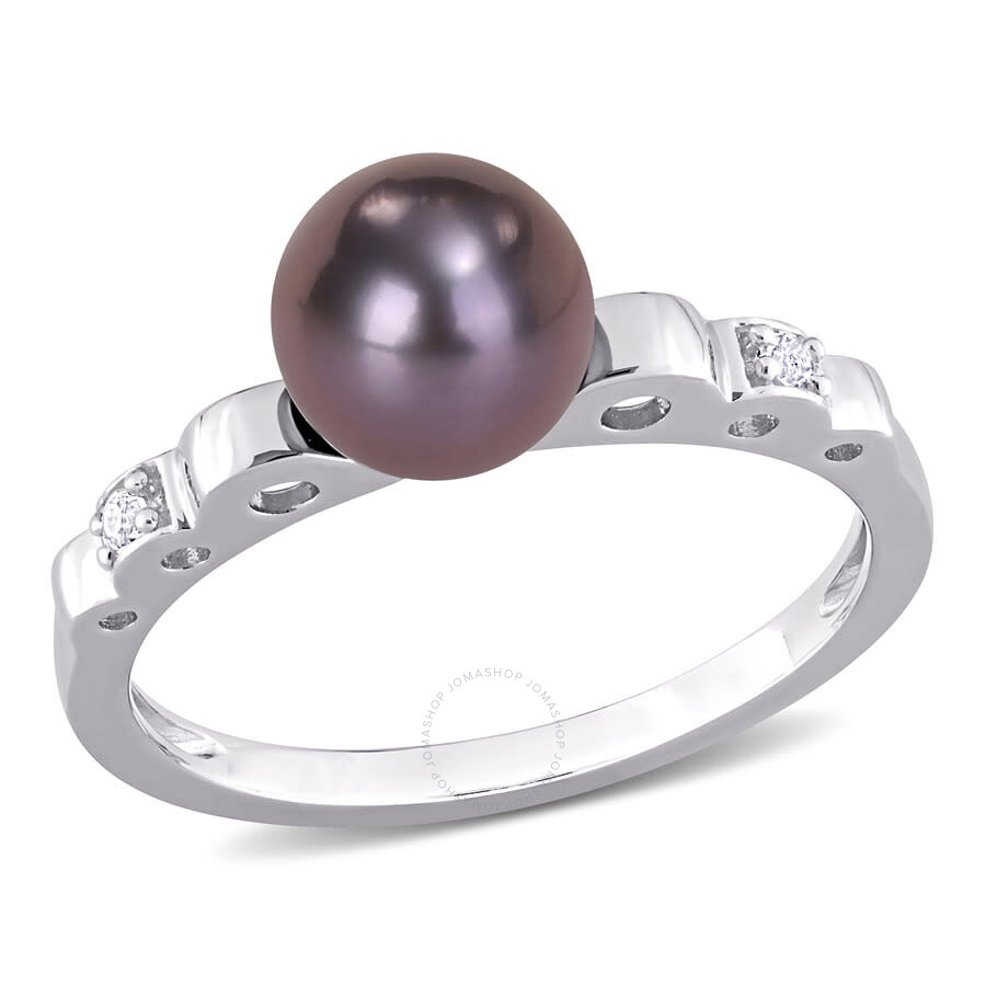 Amour 7-7.5mm Black Freshwater Cultured Pearl And White Topaz Ribbed Design Ring In Sterling Silver In White