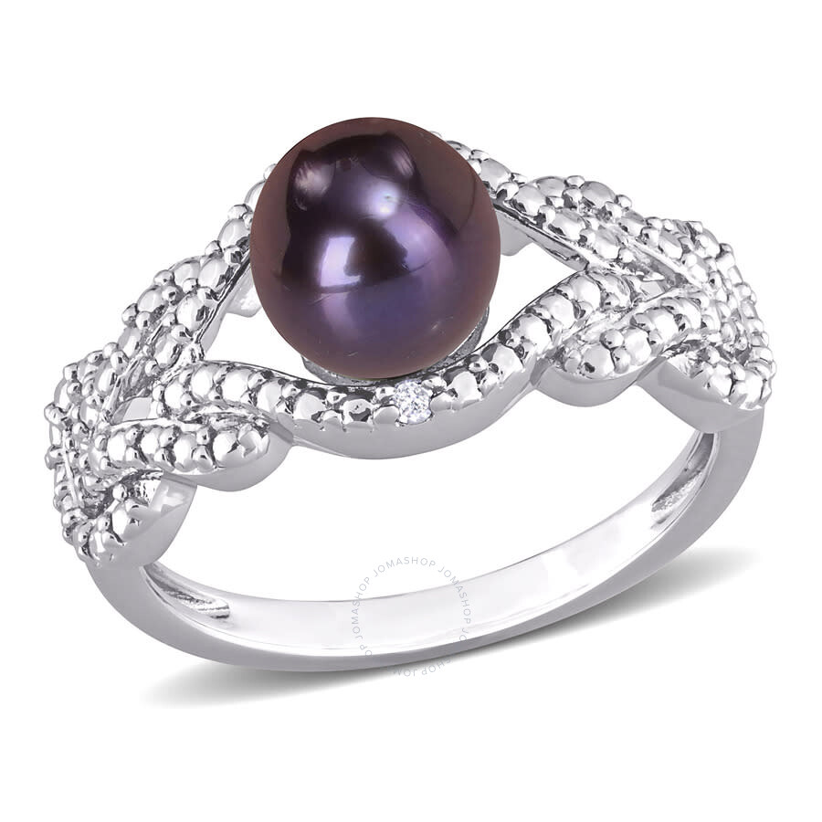 Shop Amour 7-7.5mm Black Freshwater Cultured Pearl And Diamond Accent Criss-cross Ring In Sterling Silver In White