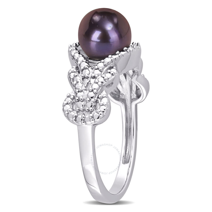 Shop Amour 7-7.5mm Black Freshwater Cultured Pearl And Diamond Accent Criss-cross Ring In Sterling Silver In White