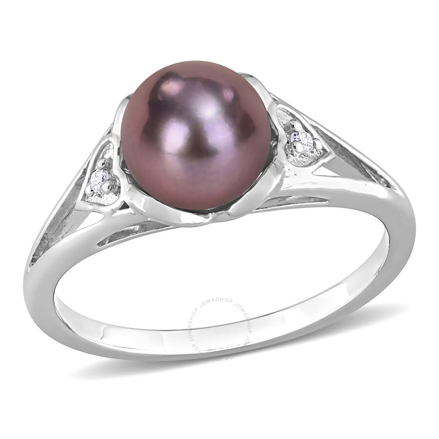 Shop Amour 7-7.5mm Black Freshwater Cultured Pearl And Diamond Accent Heart Ring In Sterling Silver In White