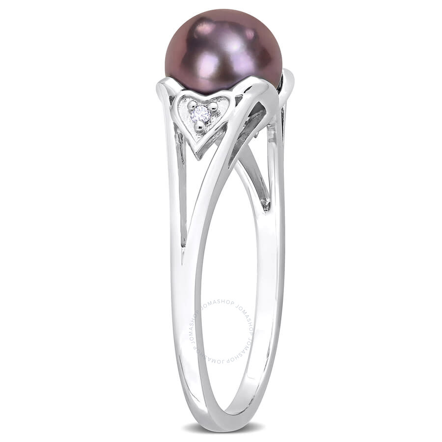 Amour 7-7.5mm Black Freshwater Cultured Pearl And Diamond Accent Heart Ring In Sterling Silver In White