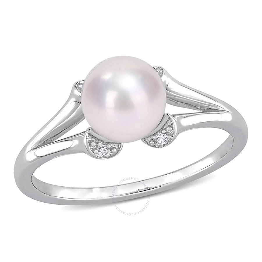 Amour 7-7.5mm Freshwater Cultured Pearl And Created White Sapphire Split-shank Ring In Sterling Silv In White