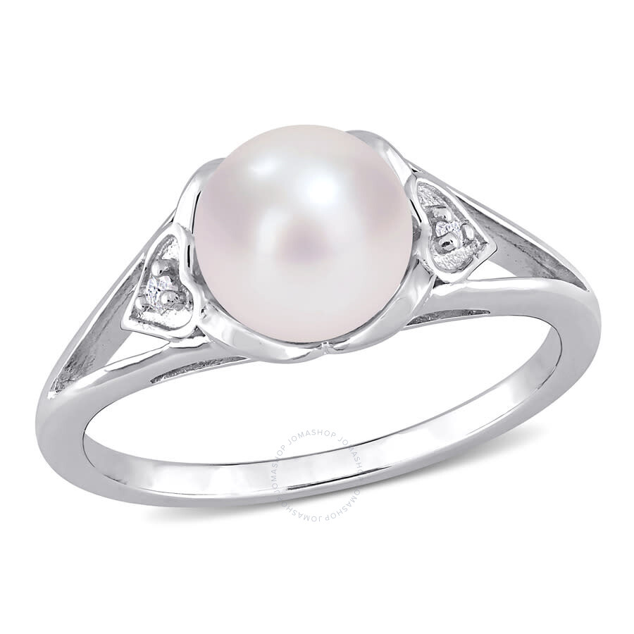 Shop Amour 7-7.5mm Freshwater Cultured Pearl And Diamond Accent Split-shank Ring In Sterling Silver In White