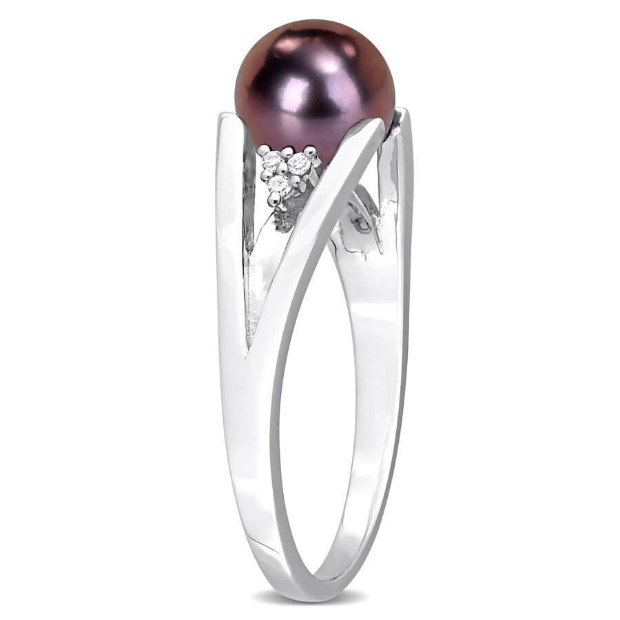 Amour 7-7.5mm Black Freshwater Cultured Pearl And Diamond Accent Split Shank Ring In Sterling Silver In White