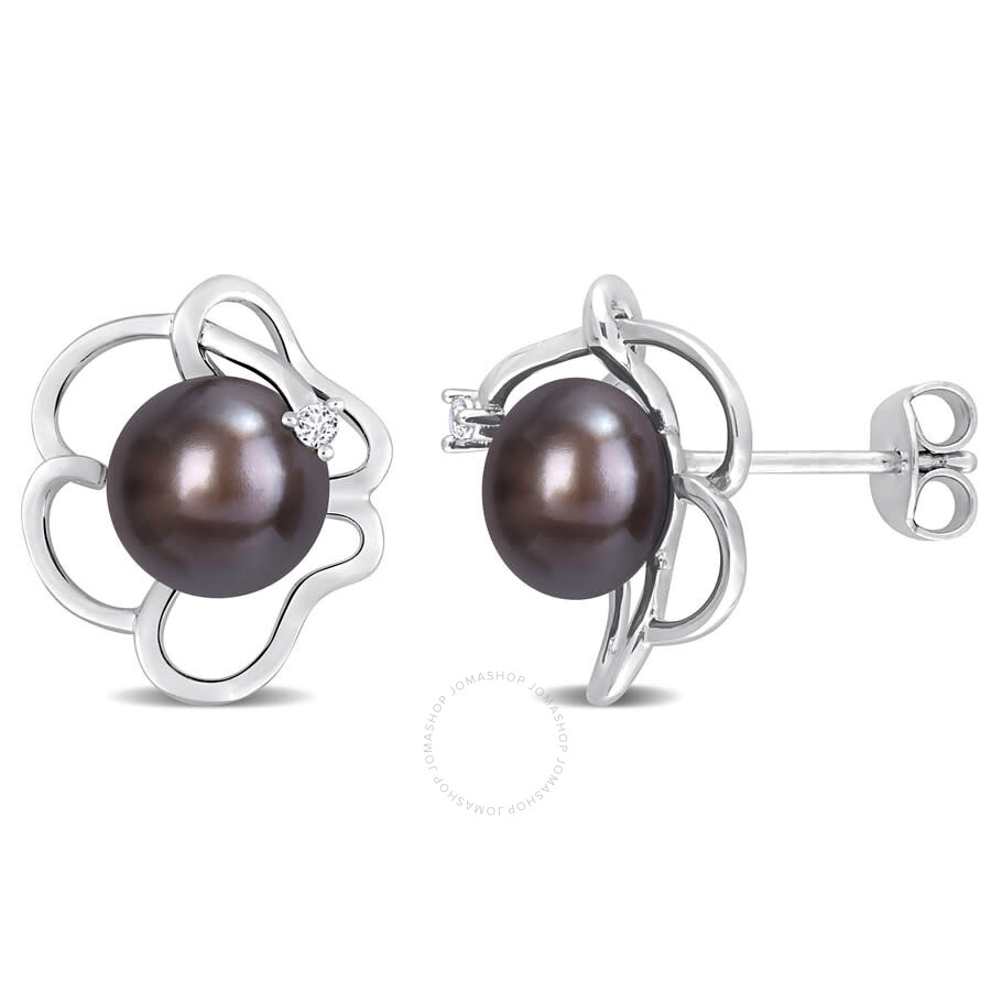 Amour 7.5-8mm Black Freshwater Cultured Pearl And White Topaz Floral Stud Earrings In Sterling Silve In White