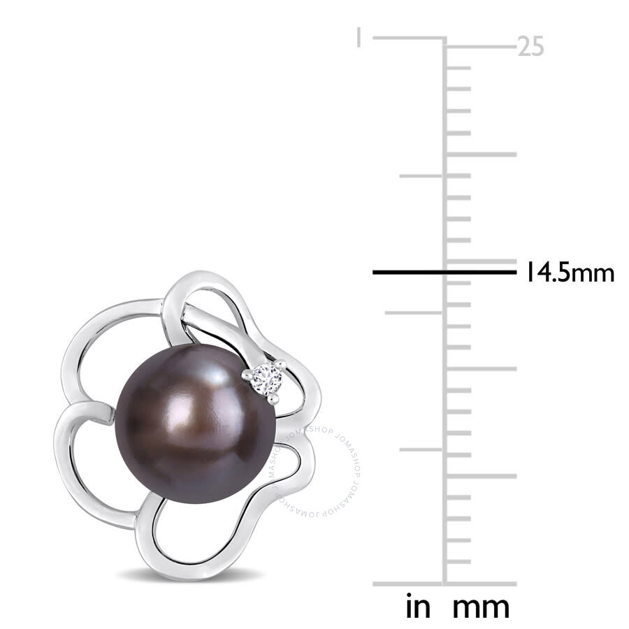 Amour 7.5-8mm Black Freshwater Cultured Pearl And White Topaz Floral Stud Earrings In Sterling Silve In White