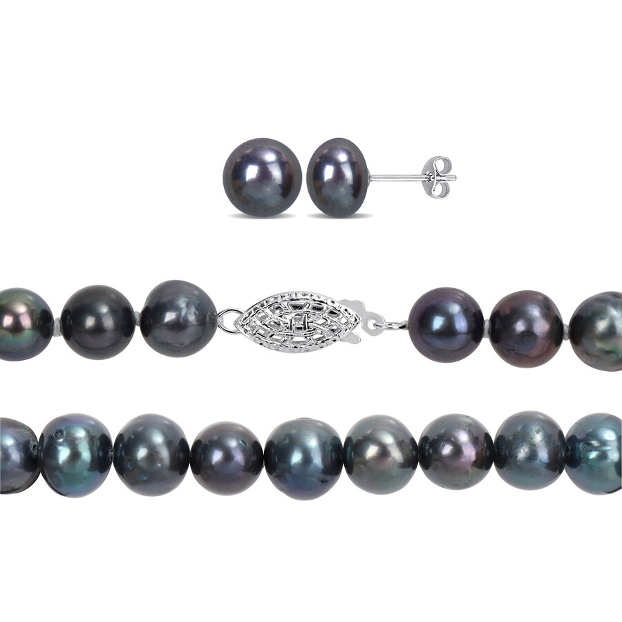 AMOUR AMOUR 7.5-8MM FRESHWATER CULTURED BLACK PEARL NECKLACE BRACELET AND EARRINGS SET IN STERLING SILVER