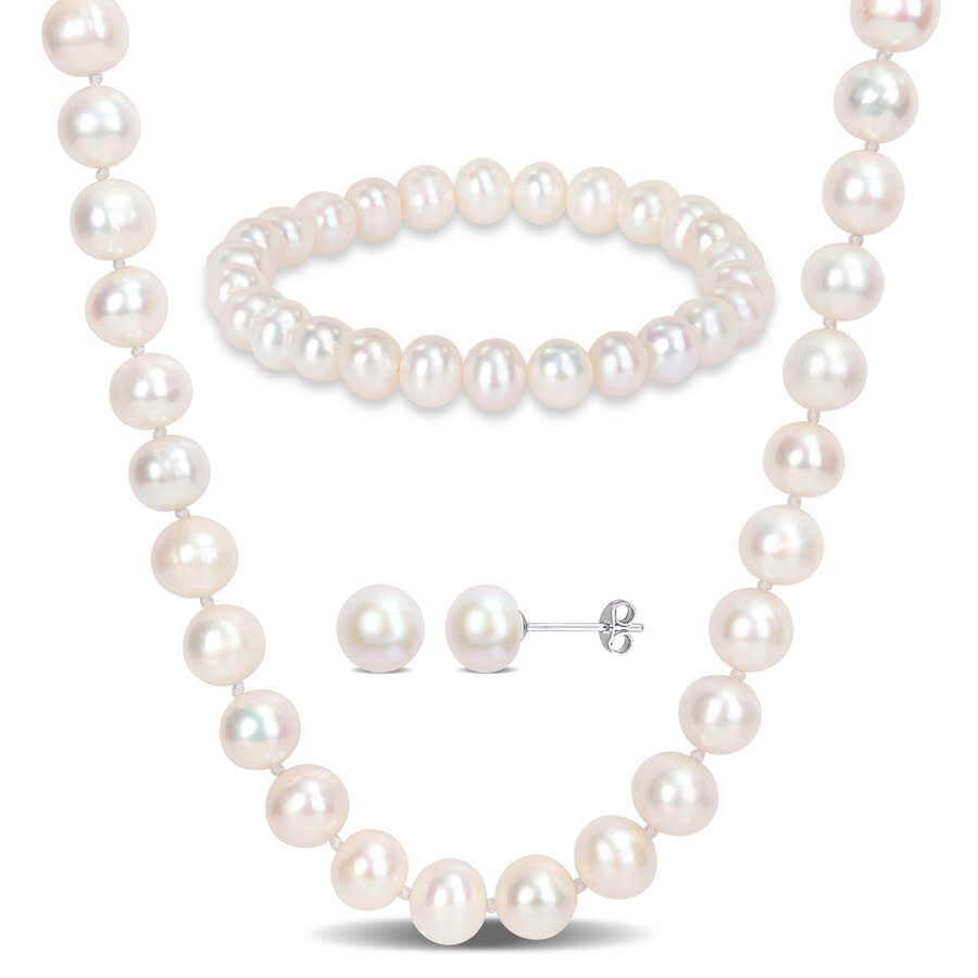 Amour 7.5-8mm Freshwater Cultured Pearl 3-piece Set Of Necklace Earrings & Bracelet In Sterling Silv In White