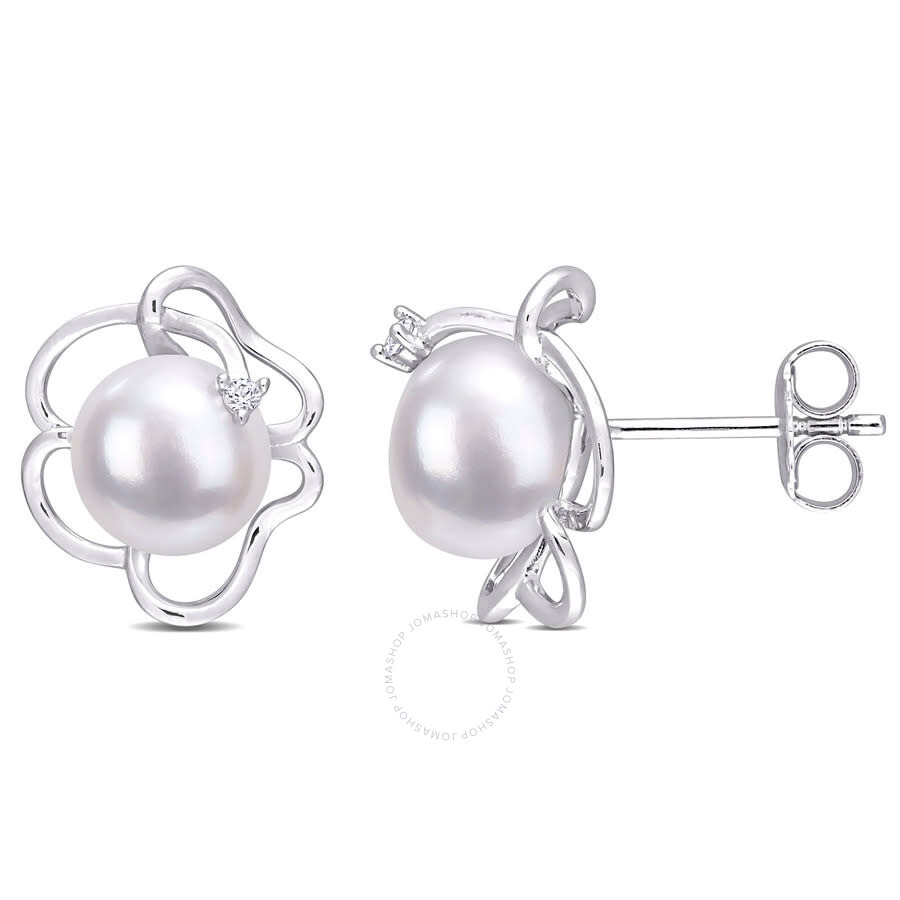 Amour 7.5-8mm Freshwater Cultured Pearl And Created White Sapphire Floral Stud Earrings In Sterling  In White