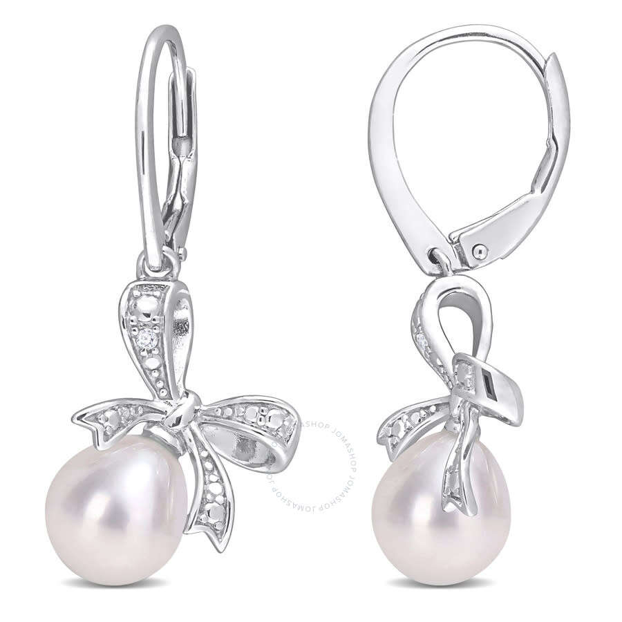 Shop Amour 7.5-8mm Freshwater Cultured Pearl And Diamond Accent Bow Leverback Earrings In Sterling Silver In White