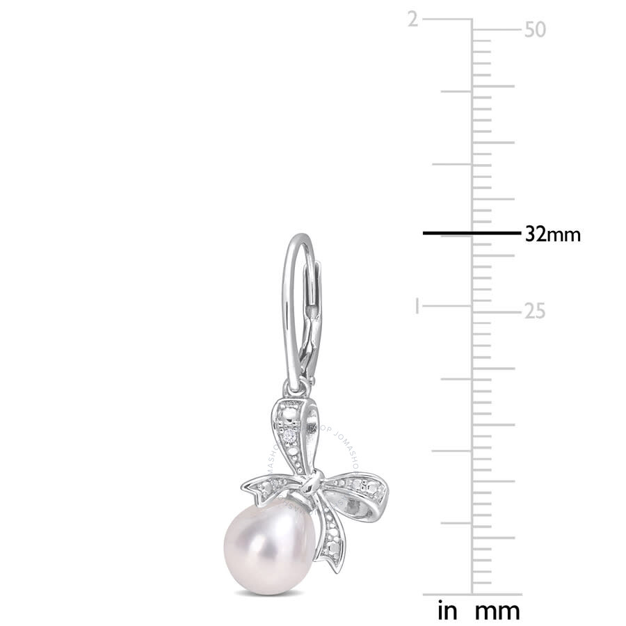 Shop Amour 7.5-8mm Freshwater Cultured Pearl And Diamond Accent Bow Leverback Earrings In Sterling Silver In White