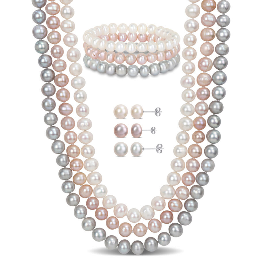 Shop Amour 7-piece Jewelry Set (white/grey/pink) Freshwater Cultured 7.5-8mm Pearls - 3-strand Necklace In Multi-color