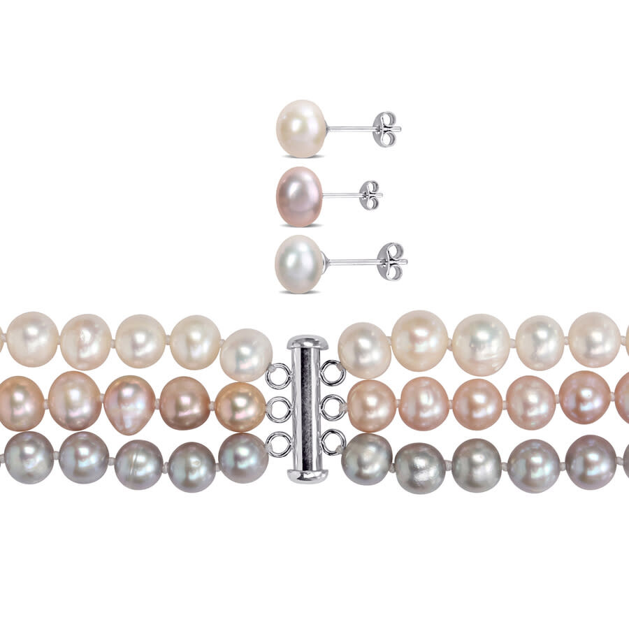 Shop Amour 7-piece Jewelry Set (white/grey/pink) Freshwater Cultured 7.5-8mm Pearls - 3-strand Necklace In Multi-color