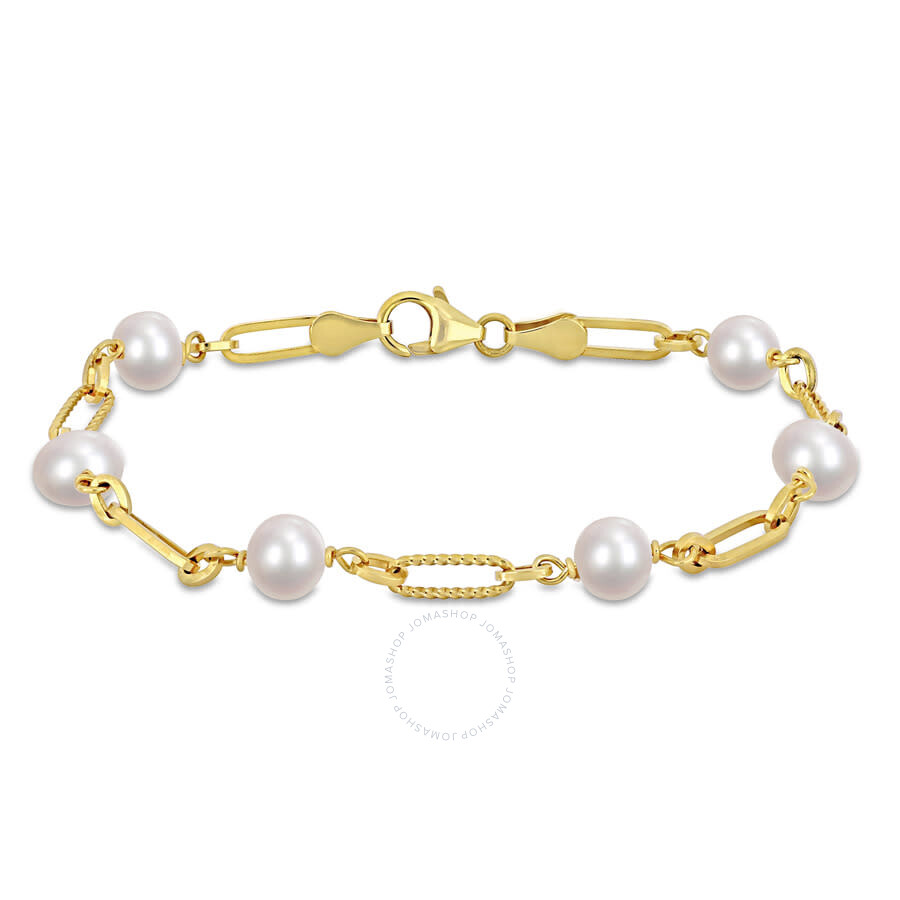 Amour 7-7.5mm Cultured Freshwater Pearl Station Link Bracelet In Yellow Plated Sterling Silver In Yellow