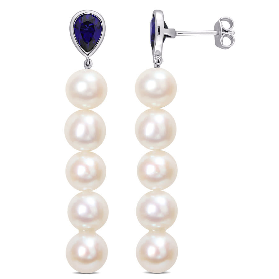 Shop Amour 7-7.5mm Cultured Freshwater Pearl And 2 1/3 Ct Tgw Created Blue Sapphire Linear Earrings In St In White