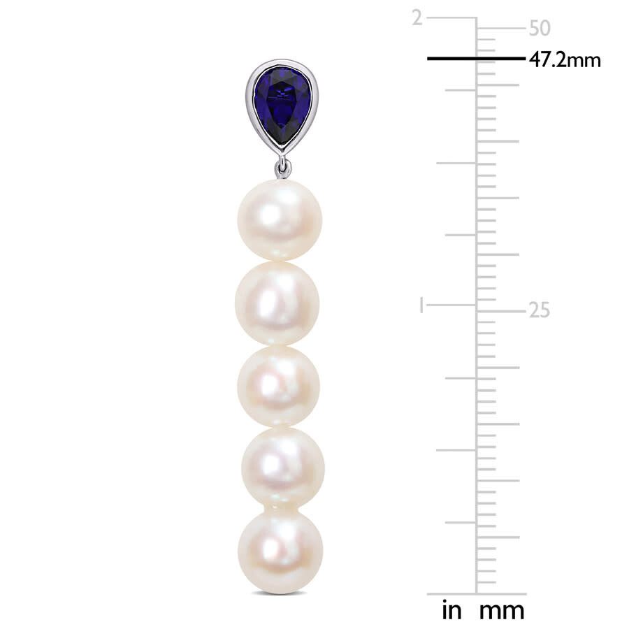 Amour 7-7.5mm Cultured Freshwater Pearl And 2 1/3 Ct Tgw Created Blue Sapphire Linear Earrings In St In White