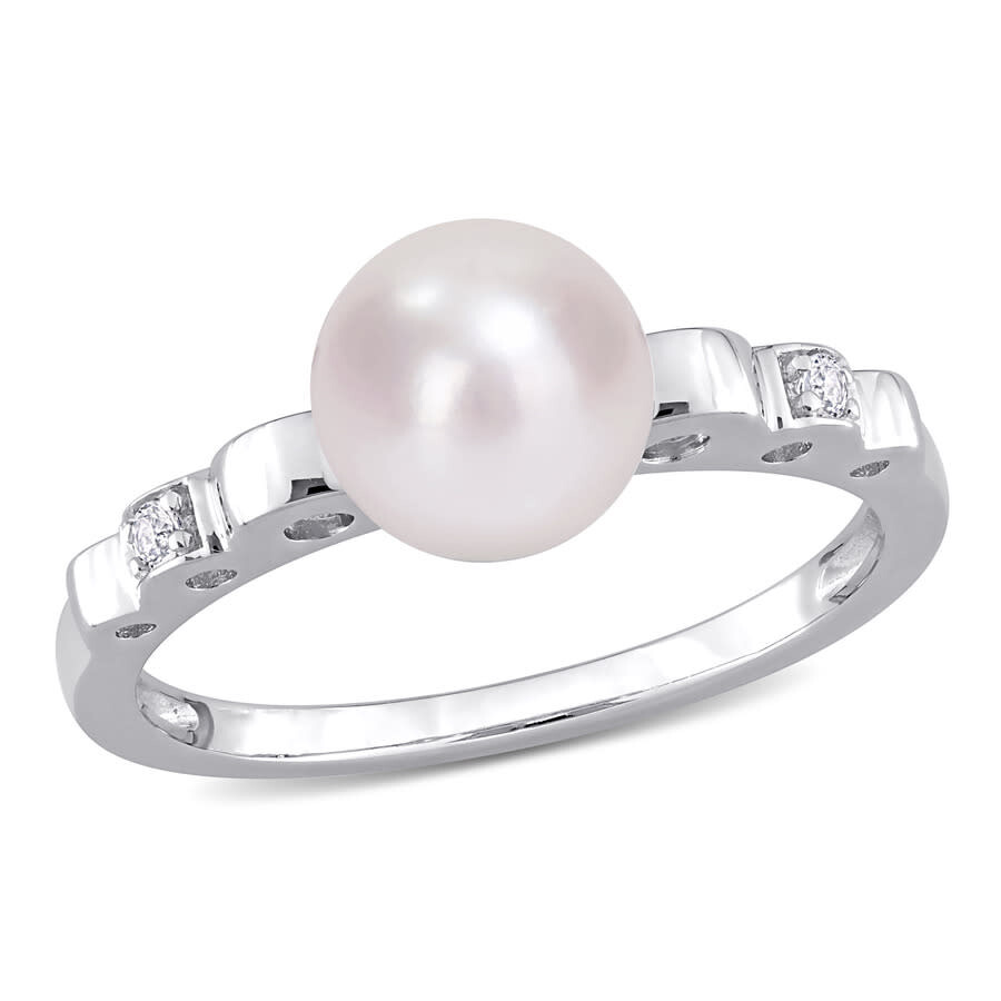 Shop Amour 7-7.5mm Freshwater Cultured Pearl And Created White Sapphire Ring In Sterling Silver