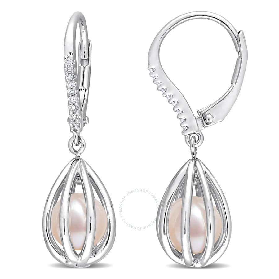 Shop Amour 7-7.5mm Freshwater Cultured Pearl And Diamond Accent Pearl Leverback Earrings In Sterling Silv In White