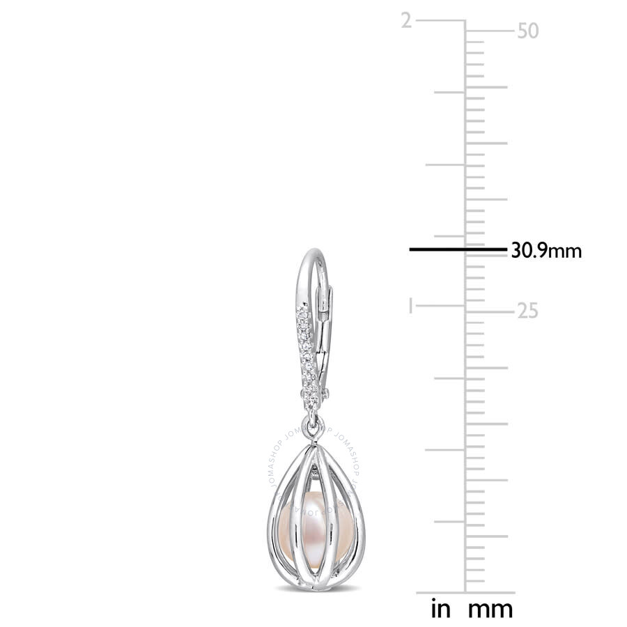 Shop Amour 7-7.5mm Freshwater Cultured Pearl And Diamond Accent Pearl Leverback Earrings In Sterling Silv In White