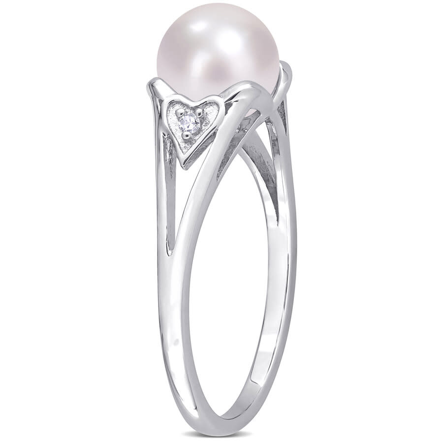 Shop Amour 7-7.5mm Freshwater Cultured Pearl And Diamond Accent Split-shank Ring In Sterling Silver In White