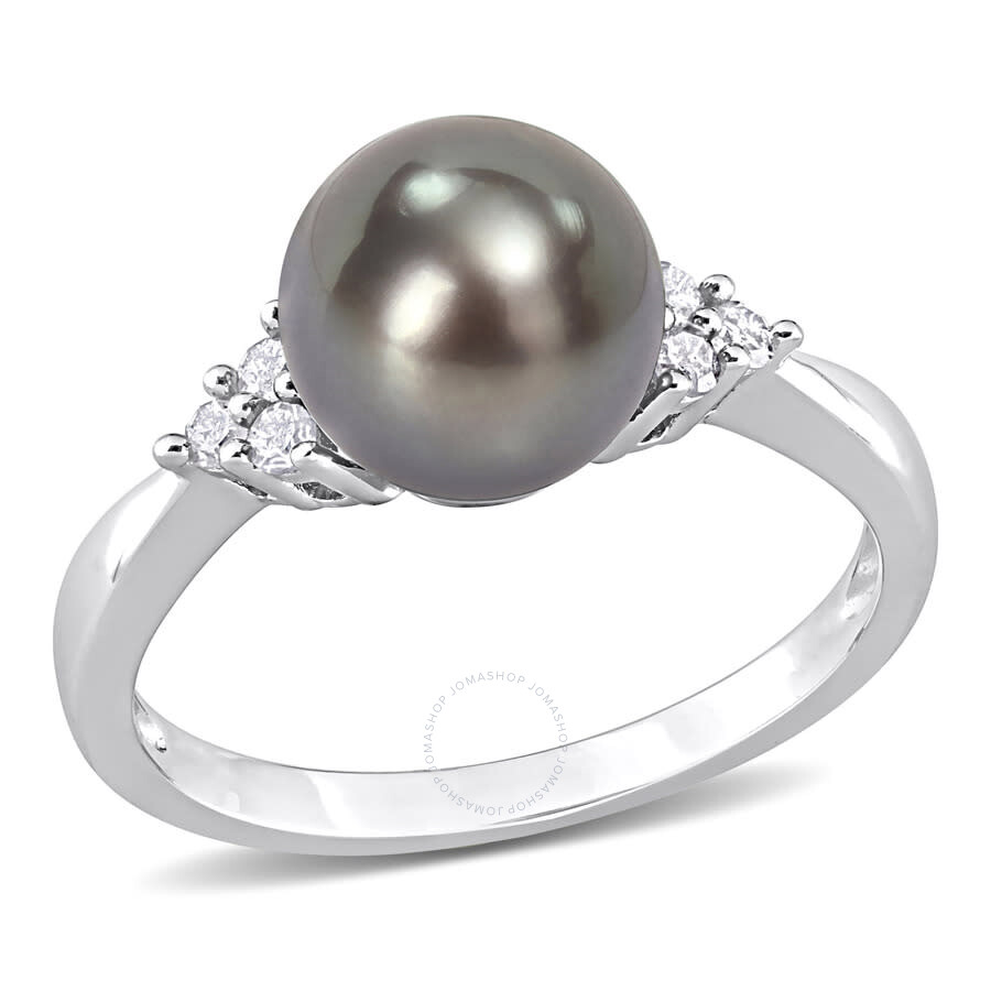 Shop Amour 8-8.5mm Black Tahitian Pearl And 1/8 Ct Tdw Diamond Ring In Sterling Silver In White