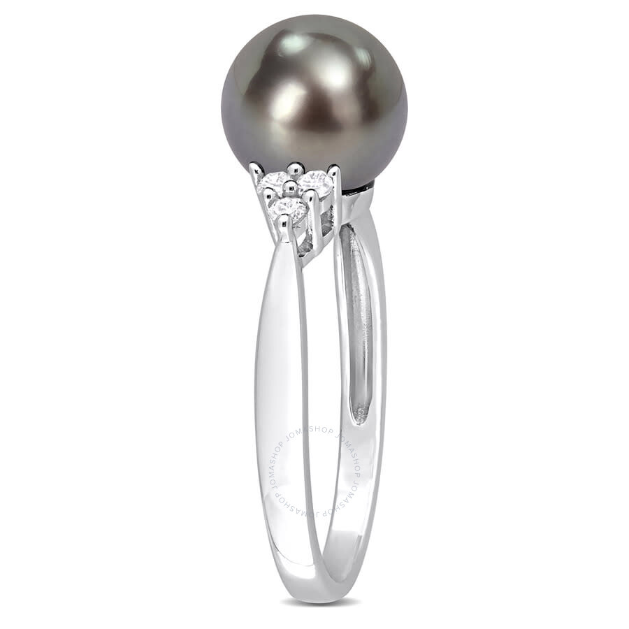 Amour 8-8.5mm Black Tahitian Pearl And 1/8 Ct Tdw Diamond Ring In Sterling Silver In White