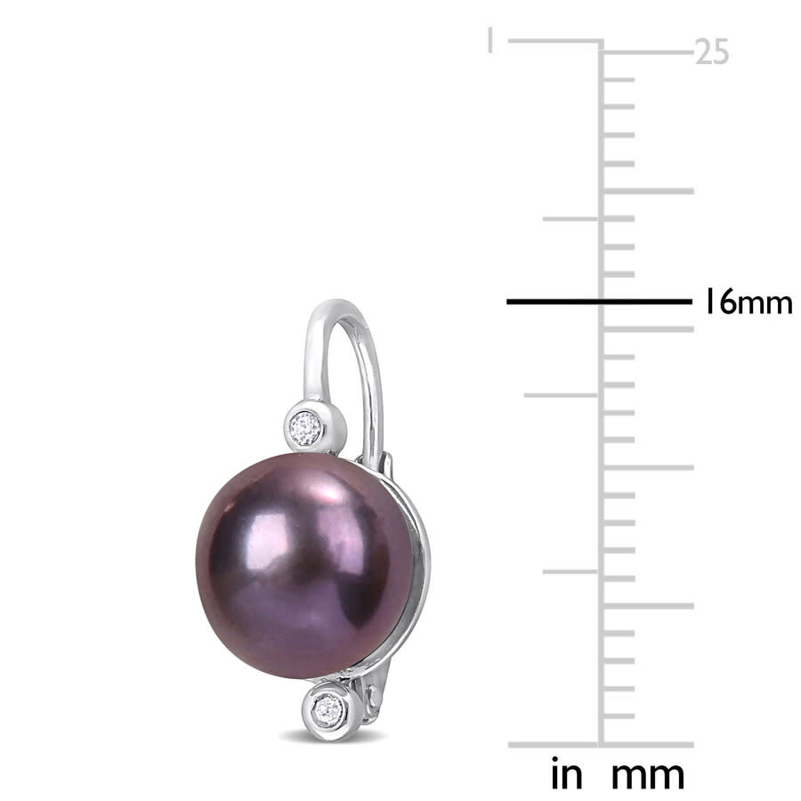 Amour 8-8.5mm Black Freshwater Cultured Pearl And Diamond Accent Leverback Earrings In Sterling Silv In White