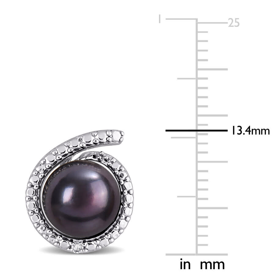 Amour 8-8.5mm Black Freshwater Cultured Pearl And Diamond Accent Swirl Stud Earrings In Sterling Sil In White