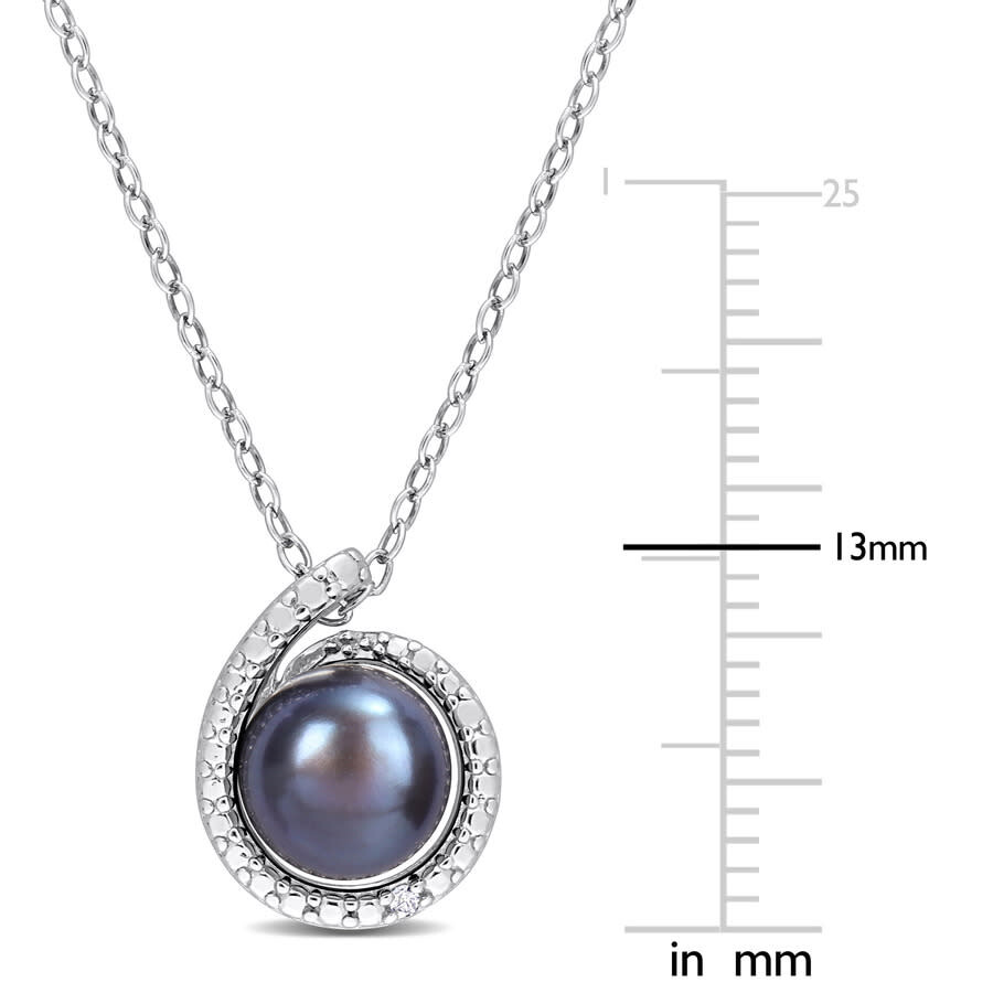 Amour 8-8.5mm Black Freshwater Cultured Pearl And Diamond Accent Swirl Pendant With Chain In Sterlin In White