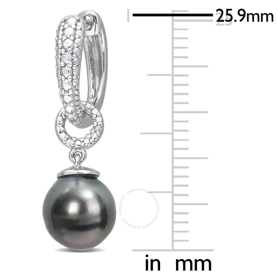Amour 8-8.5mm Black Tahitian Cultured Pearl And Diamond Accent Drop Huggie Earrings In Sterling Silv In White