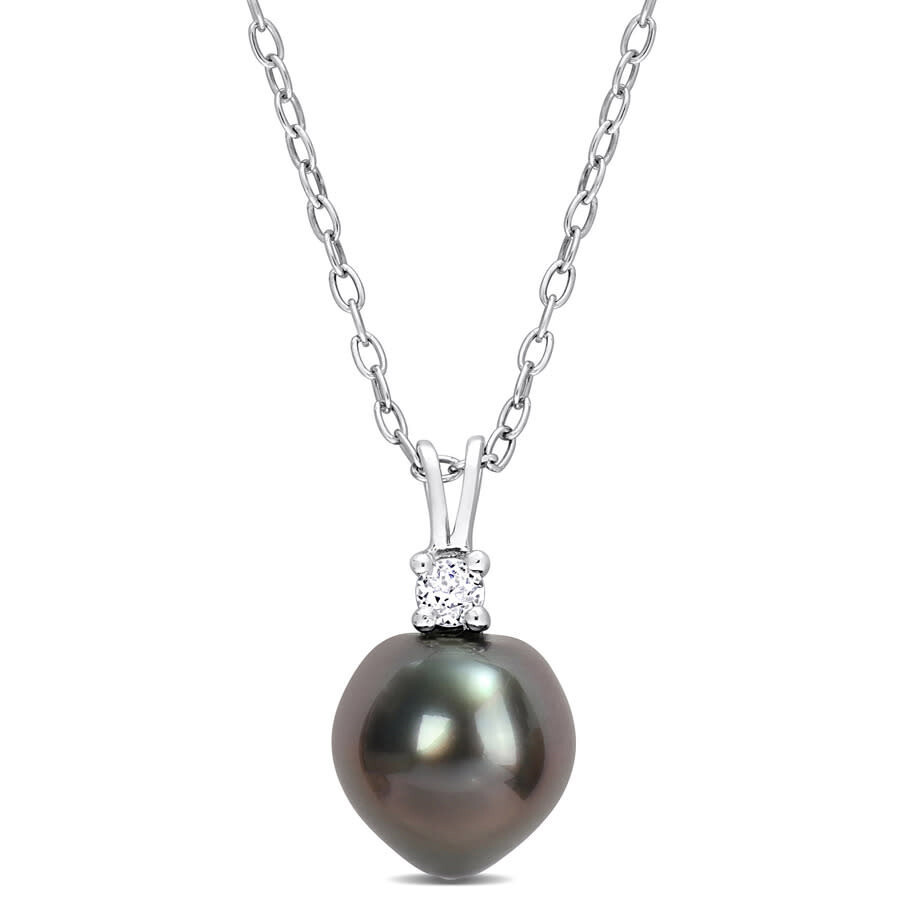 Amour 8-9mm Black Tahitian Cultured Pearl And 1/10 Ct Tgw White Topaz Pendant With Chain In Sterling In White