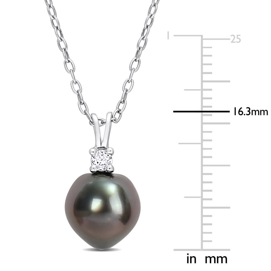 Amour 8-9mm Black Tahitian Cultured Pearl And 1/10 Ct Tgw White Topaz Pendant With Chain In Sterling In White