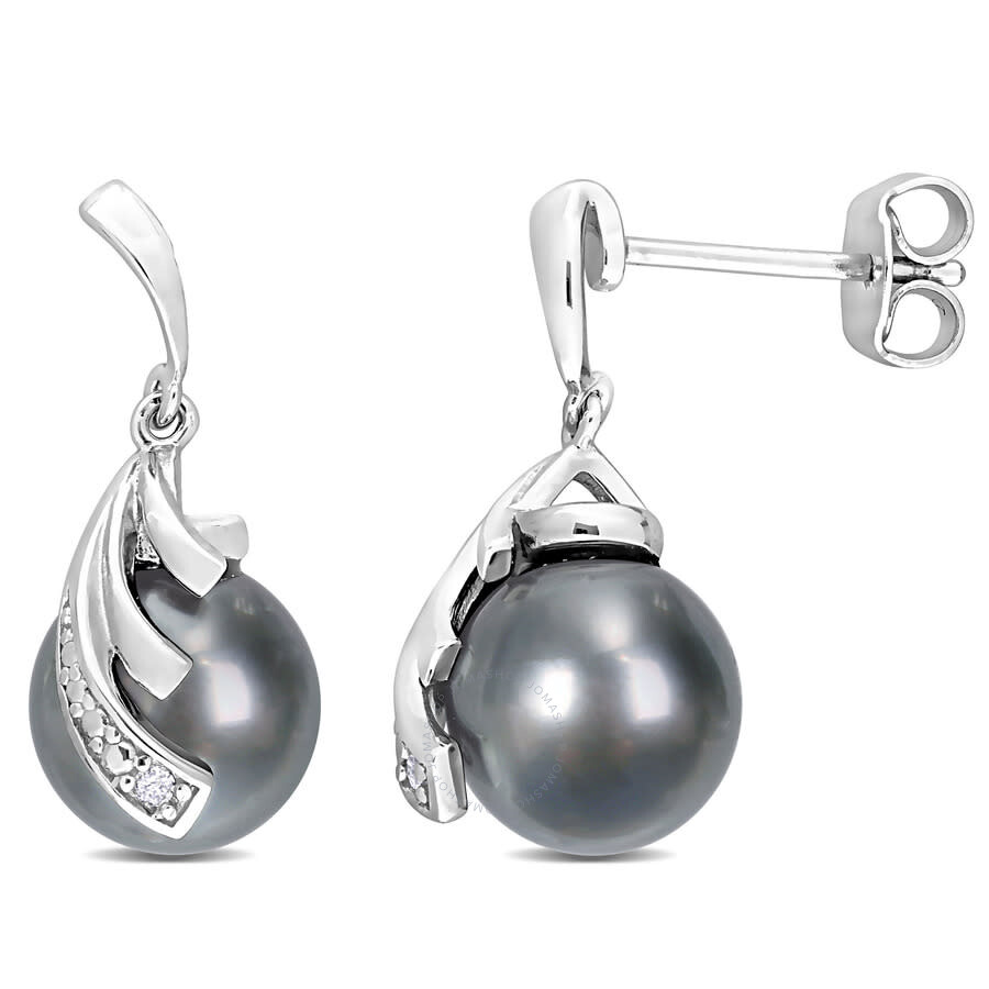 Shop Amour 8-9mm Black Tahitian Cultured Pearl And Diamond Accent Feather Earrings In Sterling Silver In White