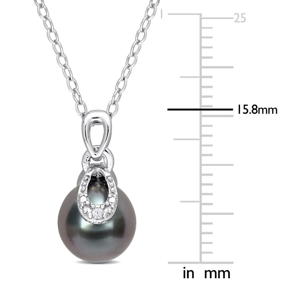 Amour 8-9mm Black Tahitian Cultured Pearl And Diamond Accent Drop Pendant With Chain In Sterling Sil In White
