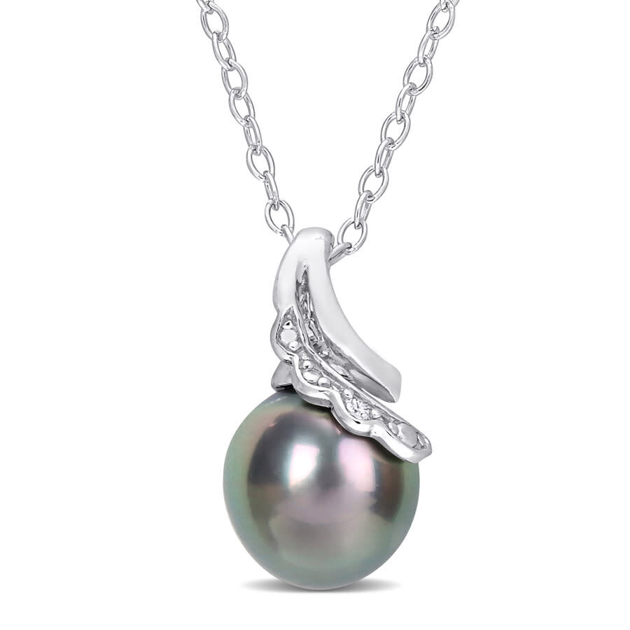 Amour 8-9mm Black Tahitian Cultured Pearl And Diamond Accent Twisted Pendant With Chain In Sterling In White
