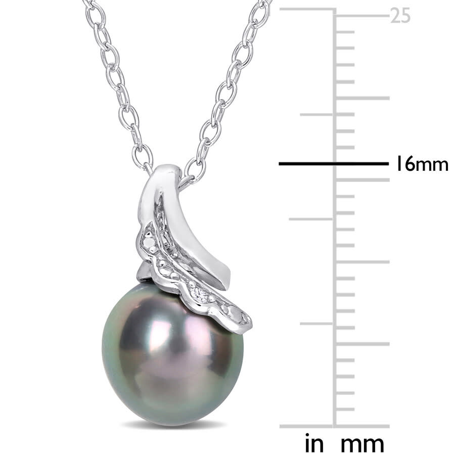 Amour 8-9mm Black Tahitian Cultured Pearl And Diamond Accent Twisted Pendant With Chain In Sterling In White