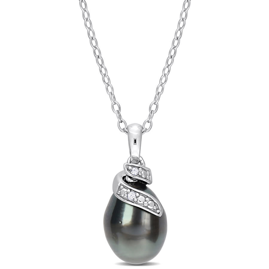 Amour 8-9mm Black Tahitian Cultured Pearl And Diamond Accent Swirl Pendant With Chain In Sterling Si In White