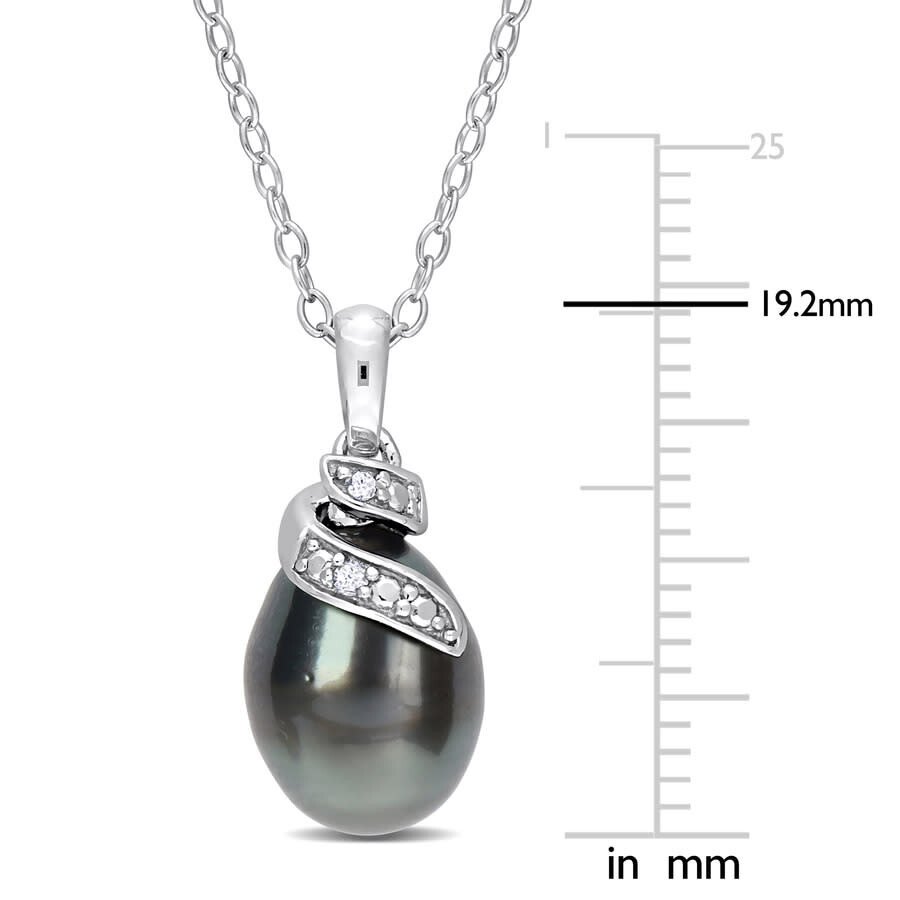 Amour 8-9mm Black Tahitian Cultured Pearl And Diamond Accent Swirl Pendant With Chain In Sterling Si In White
