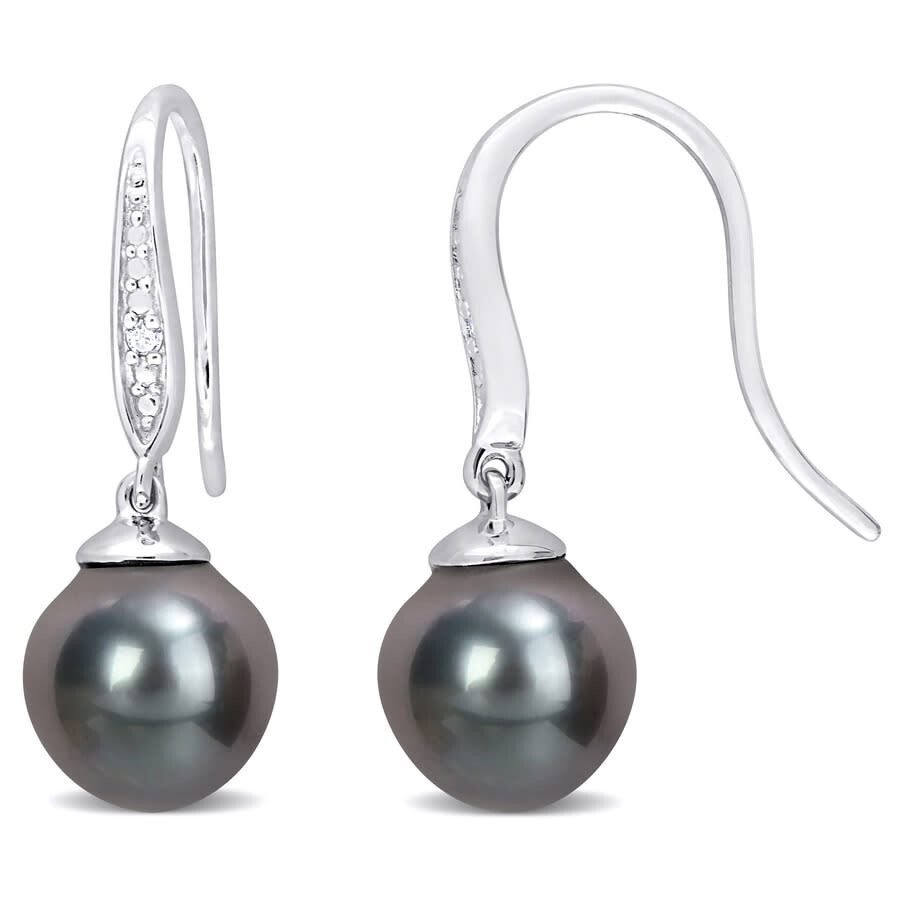 Shop Amour 8-9mm Black Tahitian Cultured Pearl And Diamond Accent Shepherd Hook Earrings In Sterling Silv In White