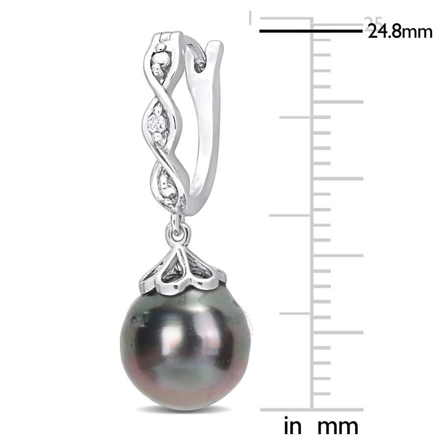 Amour 8-9mm Black Tahitian Cultured Pearl And Diamond Accent Infinity Huggie Earrings In Sterling Si In White