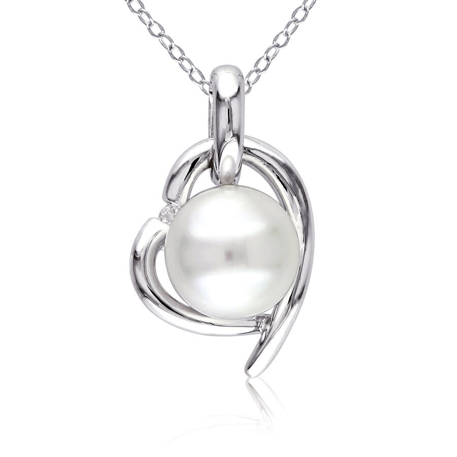 Shop Amour 8.5 - 9 Mm White Cultured Freshwater Pearl And Diamond Heart Pendant With Chain In Sterling Si